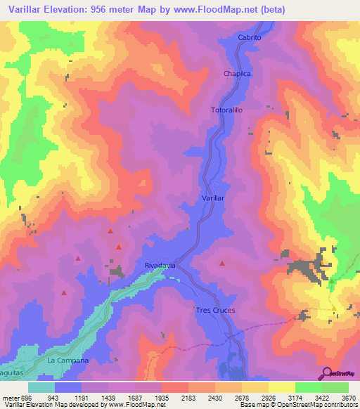 Varillar,Chile Elevation Map