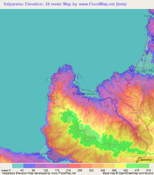 Valparaiso,Chile Elevation Map