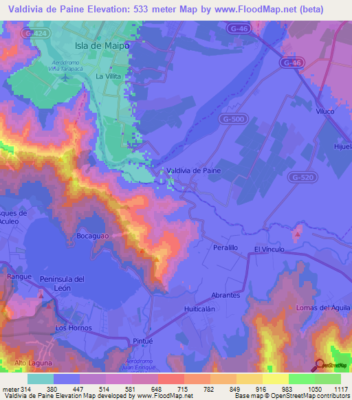 Valdivia de Paine,Chile Elevation Map