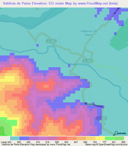 Valdivia de Paine,Chile Elevation Map