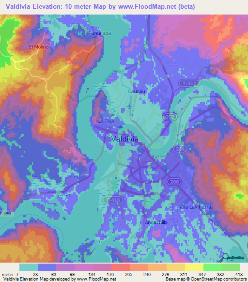 Valdivia,Chile Elevation Map