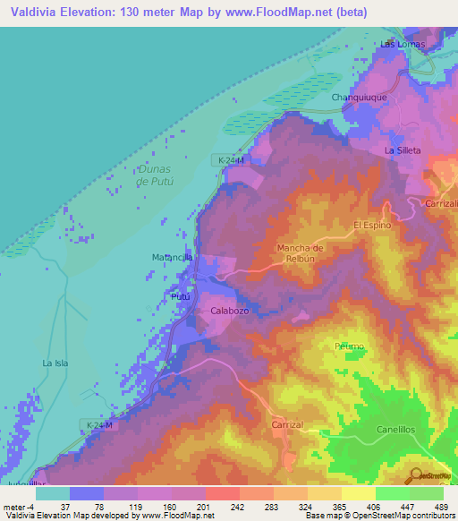 Valdivia,Chile Elevation Map