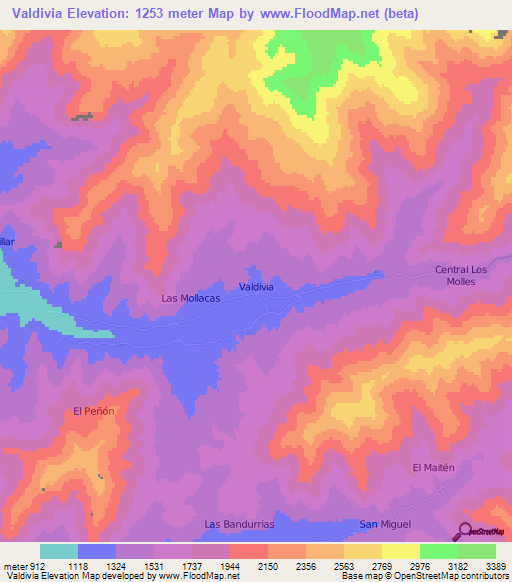 Valdivia,Chile Elevation Map