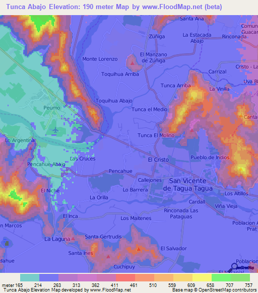 Tunca Abajo,Chile Elevation Map