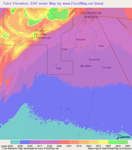 Tulor,Chile Elevation Map