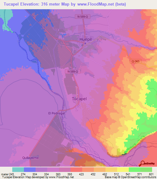 Tucapel,Chile Elevation Map