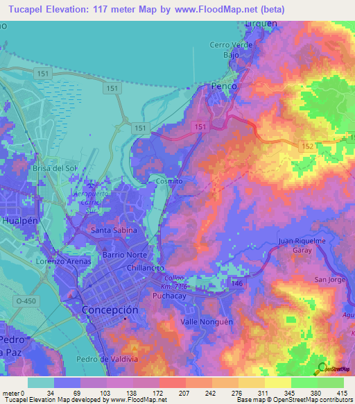 Tucapel,Chile Elevation Map