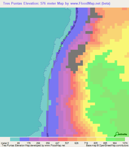 Tres Puntas,Chile Elevation Map