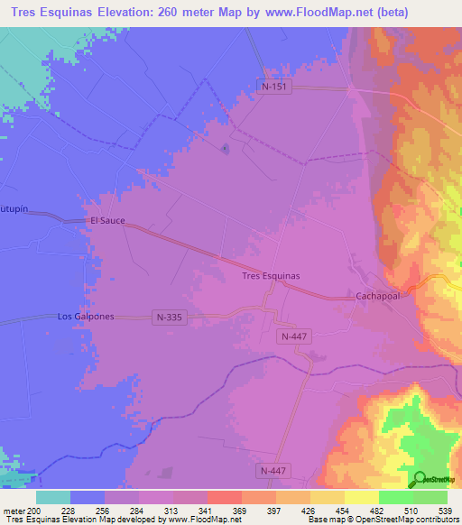 Tres Esquinas,Chile Elevation Map
