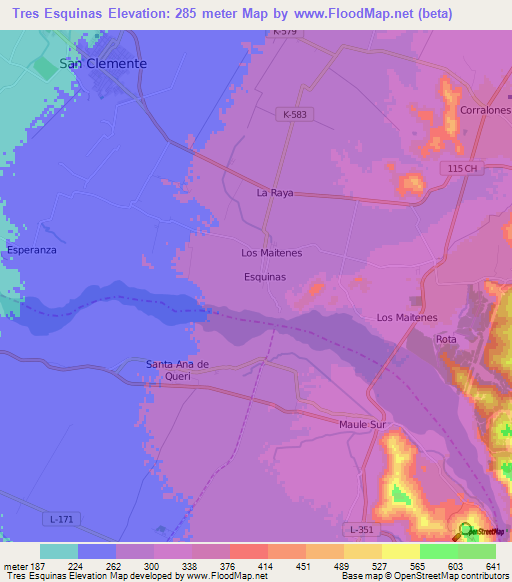 Tres Esquinas,Chile Elevation Map
