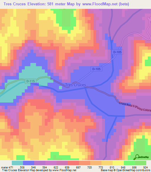 Tres Cruces,Chile Elevation Map