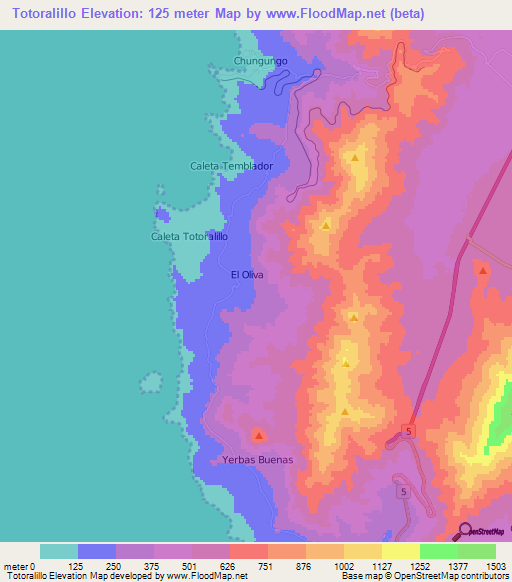 Totoralillo,Chile Elevation Map