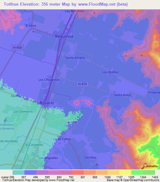 Totihue,Chile Elevation Map