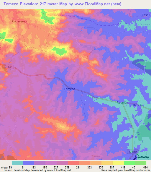Tomeco,Chile Elevation Map