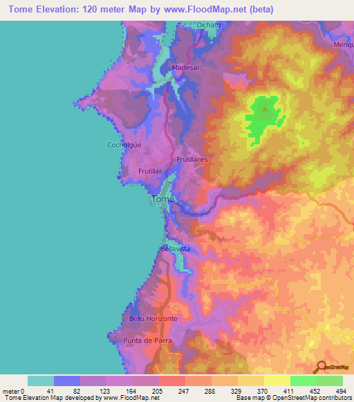 Tome,Chile Elevation Map
