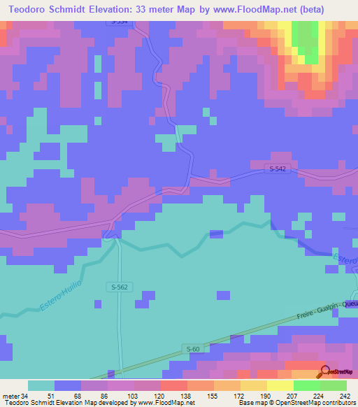 Teodoro Schmidt,Chile Elevation Map