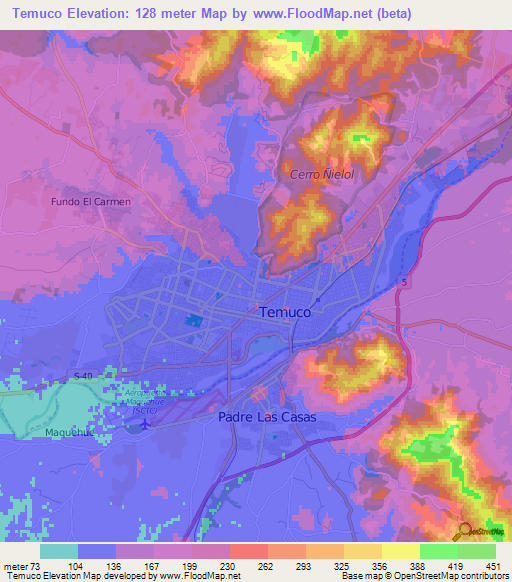 Temuco,Chile Elevation Map