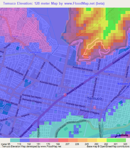 Temuco,Chile Elevation Map