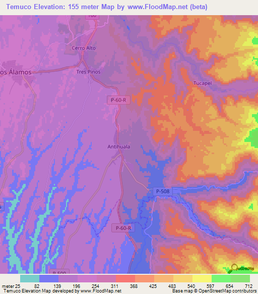 Temuco,Chile Elevation Map