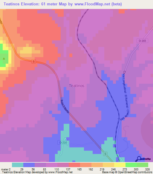 Teatinos,Chile Elevation Map