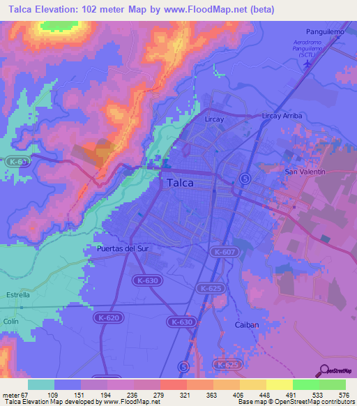 Talca,Chile Elevation Map