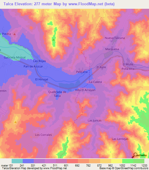 Talca,Chile Elevation Map