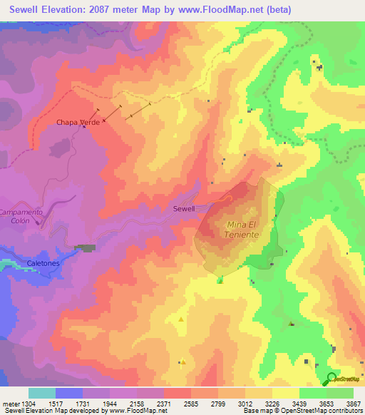 Sewell,Chile Elevation Map