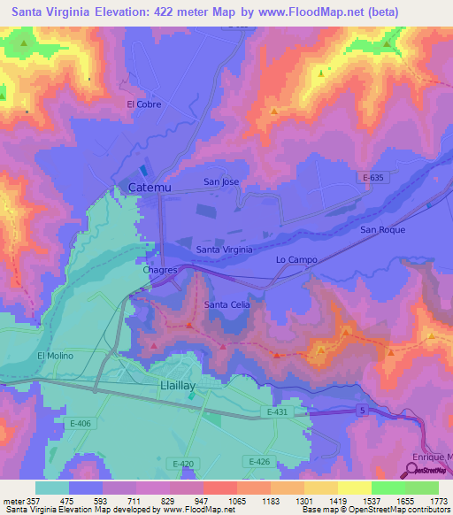 Santa Virginia,Chile Elevation Map