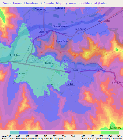Santa Teresa,Chile Elevation Map