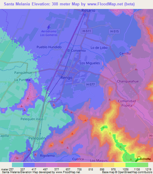 Santa Melania,Chile Elevation Map