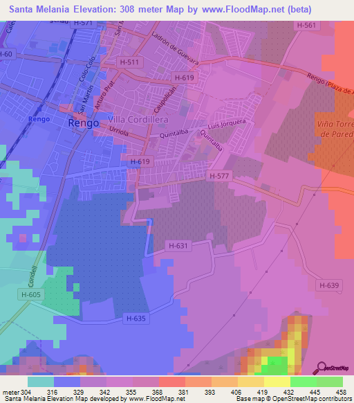 Santa Melania,Chile Elevation Map