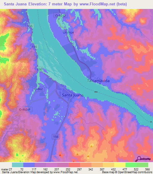 Santa Juana,Chile Elevation Map