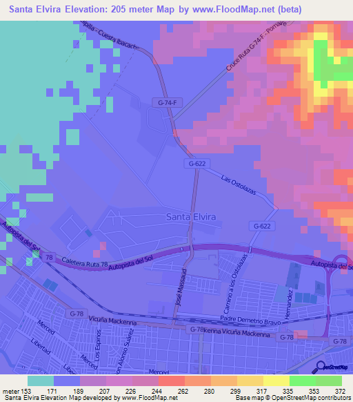 Santa Elvira,Chile Elevation Map