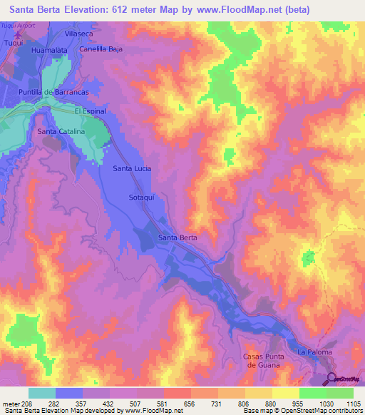 Santa Berta,Chile Elevation Map