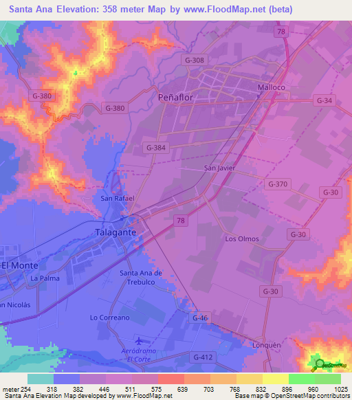 Santa Ana,Chile Elevation Map