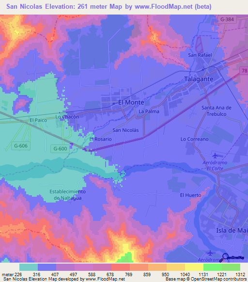 San Nicolas,Chile Elevation Map