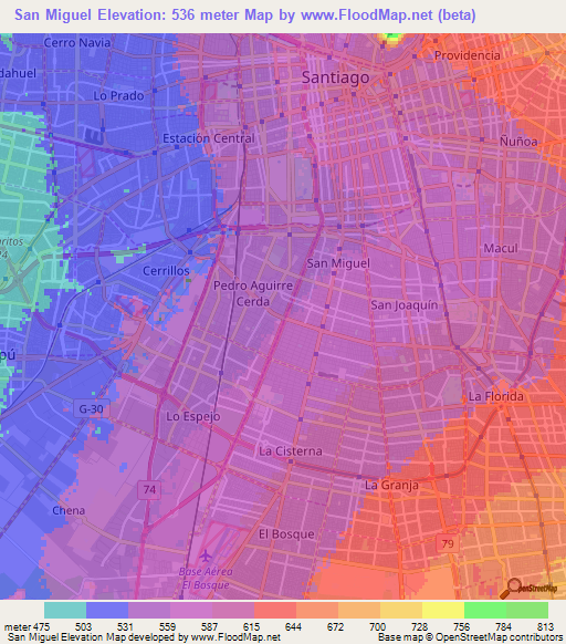 San Miguel,Chile Elevation Map