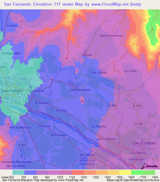San Fernando,Chile Elevation Map