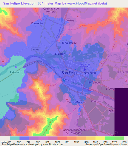 San Felipe,Chile Elevation Map
