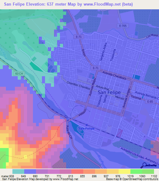 San Felipe,Chile Elevation Map