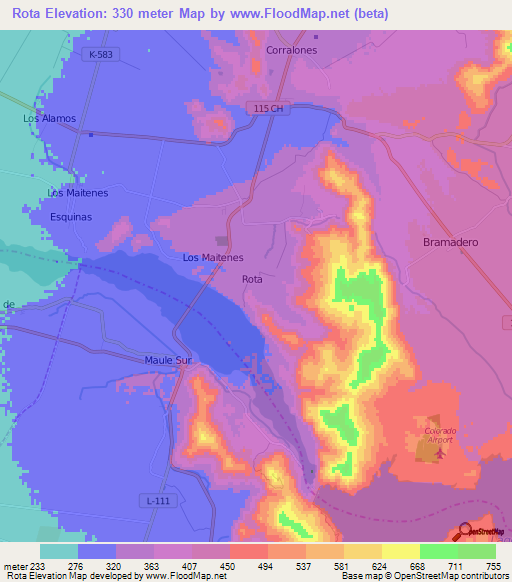Rota,Chile Elevation Map