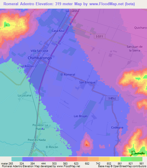 Romeral Adentro,Chile Elevation Map