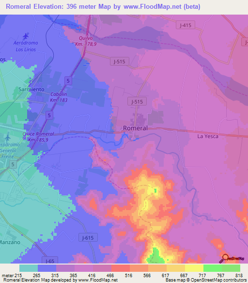 Romeral,Chile Elevation Map