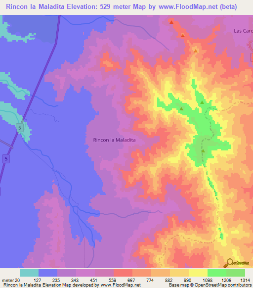 Rincon la Maladita,Chile Elevation Map