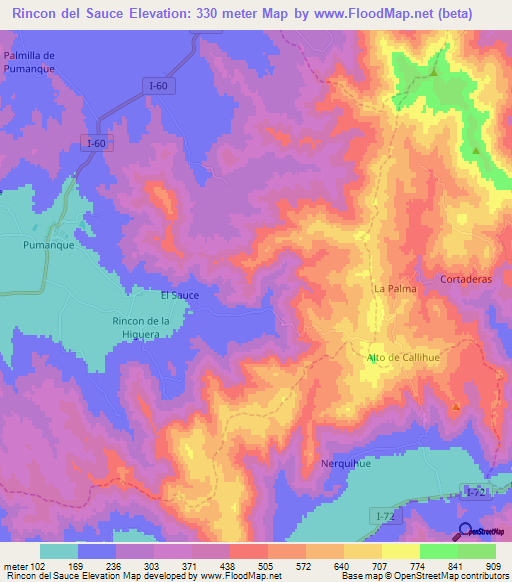 Rincon del Sauce,Chile Elevation Map