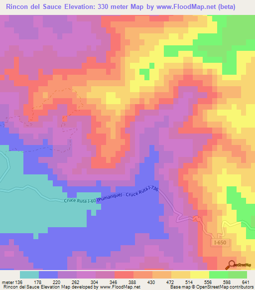 Rincon del Sauce,Chile Elevation Map