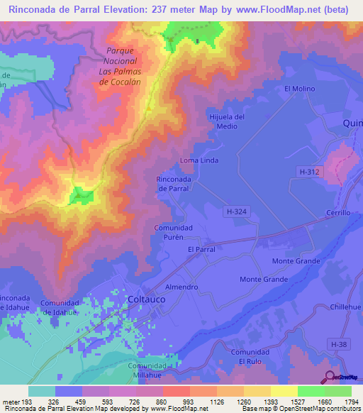 Rinconada de Parral,Chile Elevation Map