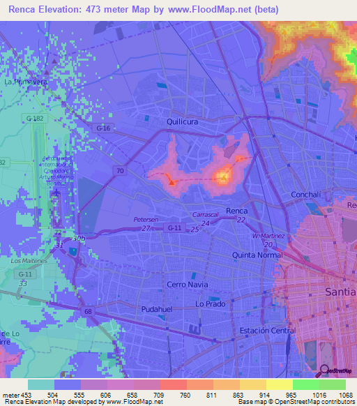 Renca,Chile Elevation Map