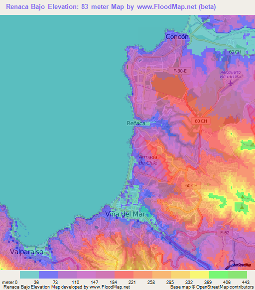 Renaca Bajo,Chile Elevation Map