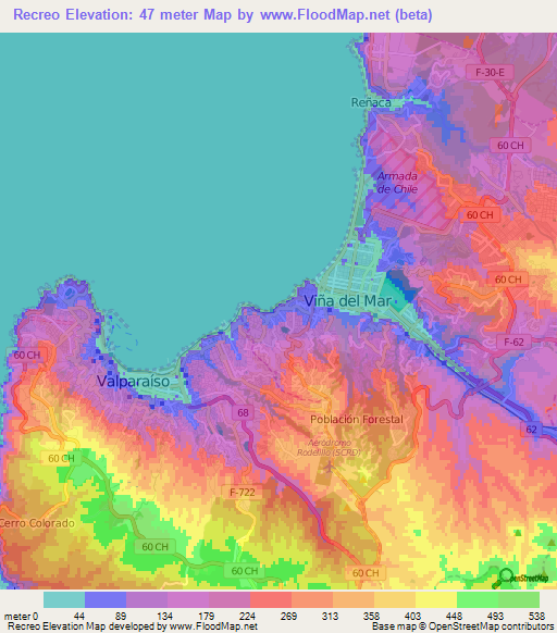 Recreo,Chile Elevation Map
